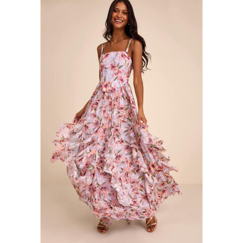 Lulus Hensley Lavender Multi Floral Bustier Maxi Dress Purple - Size XS